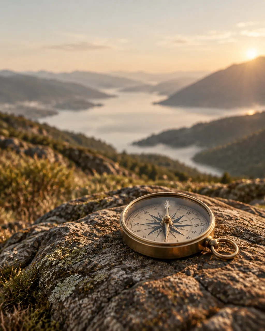 A compass looking out across a mountain landscape at dawn