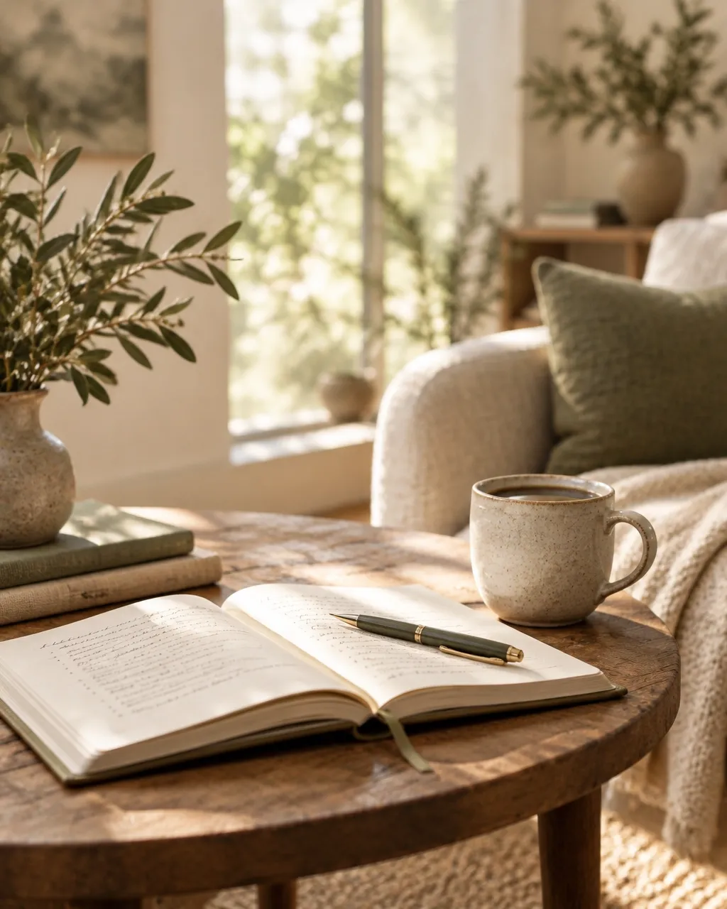 An open journal and cup in a calm coaching space